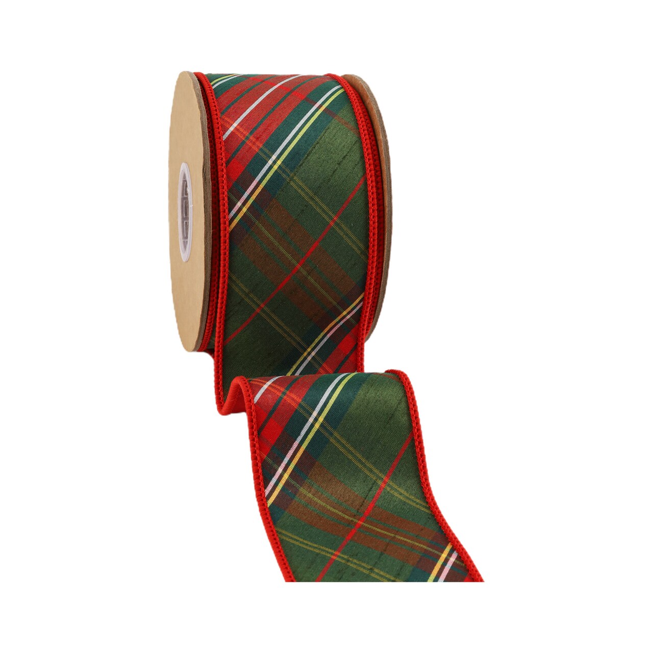 LaRibbons 4" - 2 1/2" Wired Dupioni Ribbon | Red/Dark Green Plaid Bias Cut Double-Fused Red Backing | 5 Yard Roll
